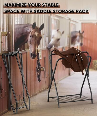 Queension Foldable Saddle Rack for Horse Stable Equipment, Portable Horse Saddle Stand with Bottom Storage for English & Western Saddles, Saddle Pad Rack for Horse tack, Horses Blanket, Black in Saudi Arabia