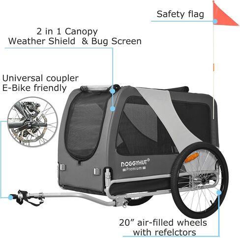 DOGGYHUT® Premium XL Pet Bike Trailer for Large Dog or Multiple Small Dogs, Up to 100 lbs,Dog Bicycle Carrier,Low Center of Gravity,Easy Folding Frame Cart in Saudi Arabia