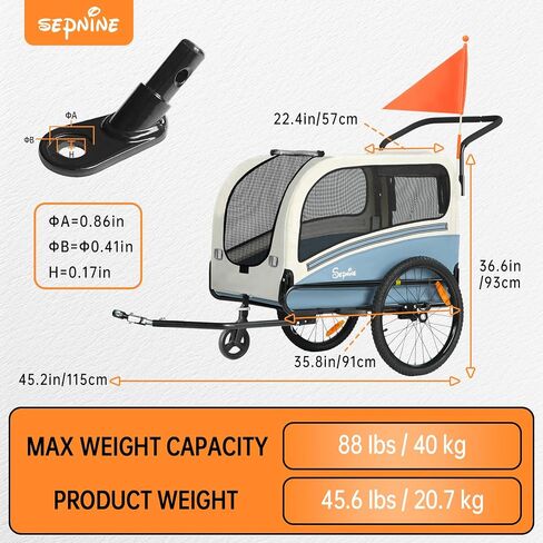 Sepnine Dog Bike Trailer, Supports up to 110 lbs, 2-in-1 Pet Stroller Cart Bicycle Carrier, Easy Folding Cart Frame with Quick Release Wheels, Universal Bicycle Coupler, Non-Slip Floor, Internal Leash in Saudi Arabia