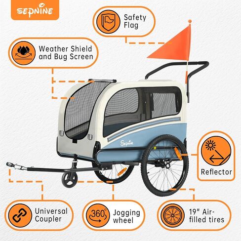 Sepnine Dog Bike Trailer, Supports up to 110 lbs, 2-in-1 Pet Stroller Cart Bicycle Carrier, Easy Folding Cart Frame with Quick Release Wheels, Universal Bicycle Coupler, Non-Slip Floor, Internal Leash in Saudi Arabia