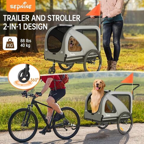 Sepnine Dog Bike Trailer, Supports up to 110 lbs, 2-in-1 Pet Stroller Cart Bicycle Carrier, Easy Folding Cart Frame with Quick Release Wheels, Universal Bicycle Coupler, Non-Slip Floor, Internal Leash in Saudi Arabia
