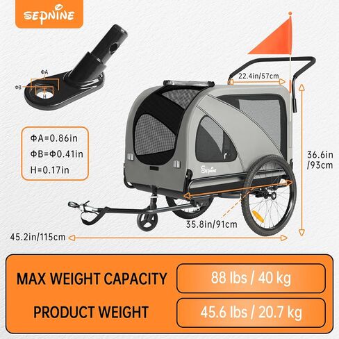 Sepnine Dog Bike Trailer, Supports up to 110 lbs, 2-in-1 Pet Stroller Cart Bicycle Carrier, Easy Folding Cart Frame with Quick Release Wheels, Universal Bicycle Coupler, Non-Slip Floor, Internal Leash in Saudi Arabia