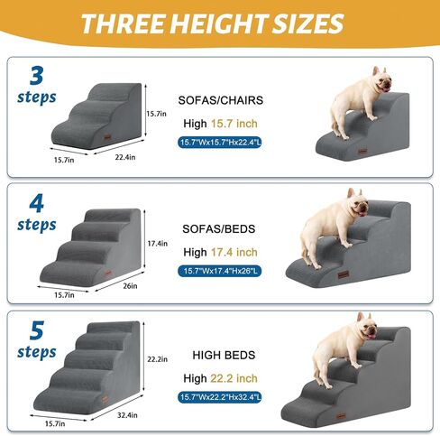 3-Step Dog Ramp and Stairs for Sofa and Chair - Non-Slip Sturdy Pet Steps for Small Dogs and Cats,15.7" H,Grey in Kuwait