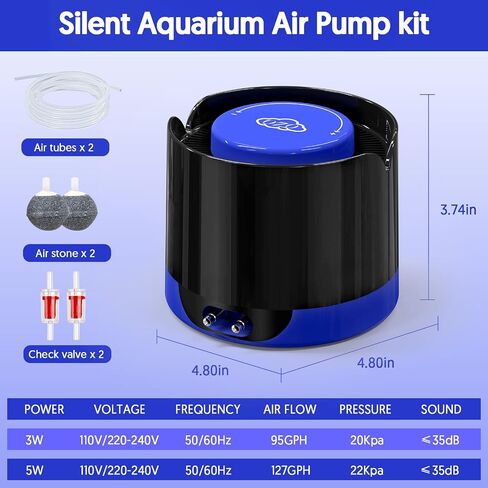 QZQ Aquarium Air Pump, Quiet Fish Tank Air Pump with Dual Outlets, 3W/5W Powerful Adjustable Oxygen Pump with Accessories, Aquarium Bubbler Aerator for Fish Tank Up to 80 Gallon (3W) in Kuwait