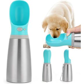 Portable Dog Water Bottle, 14 OZ, Stainless Steel Leak Proof Puppy Water Dispenser with Drinking Feeder for Pets Travel, Walking, Hiking and Outdoor Activities