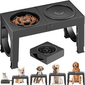 XIAZ Elevated Dog Bowls with Slow Feeder & No-Spill Water Bowl Stand, Dog Food and Water Bowl Set for Large Medium Dogs, 4 Heights Adjustable, Non-Slip, Durable, Prevents Bloating & Improves Digestion