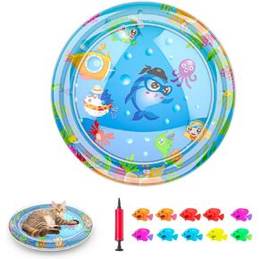 Cat Dog Water Mat, [2025 Newly Upgraded, Two Layers & Thickened] Ocean Themed Round Sensory, Non-Slip Playmat, Floating Fish, for Indoor Cats Kitten, Durable & Easy-Clean (Octopus)