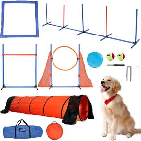 LotFun Dog Agility Training Equipment, Perfect Obstacle Course Backyard Set with Tunnel, Agility Hurdle, Weave Poles, Jump Ring, Pause Box, Toy Balls and Storage Bag, Dog Outdoor Game Sets (13 PCS)