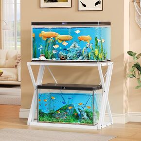 DWVO 10-40 Gallon Fish Tank Stand, Metal Aquarium Stand Double-Layer Storage for Reptile Turtle Terrarium, White, Z-Shape
