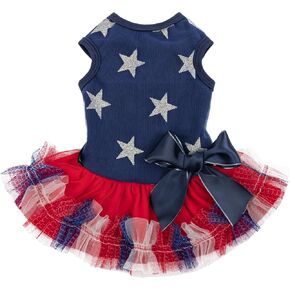 Fitwarm Patriotic Sparkly Stars Dog Dress, 4th of July Clothes for Small Dogs Girl, Pet Outfit, Royal Blue, Red, Silver, Small