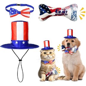4th of July Dog Costume Set (3-Piece) – Uncle Sam Top Hat, American Flag Bow Tie Collar & Dog Bone Toy – Patriotic Outfit for Puppy,Small Dogs