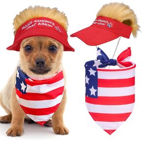EXPAWLORER 4th of July Dog Bandana 2 Pack Funny Doggie Costume - Pet Clothes Blonde Wig with American Flag Bandanas, Cat Cosplay Dress Up Holiday Apparel for Party Small Medium Dogs