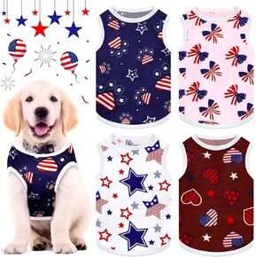 4 Pack 4th of July Dog Shirts Patriotic Dog Sleeveless Shirt Independence Day American Flag Pet Vest Clothes for Small Medium Pets Puppies Cats Holiday Party Supplies(Small)