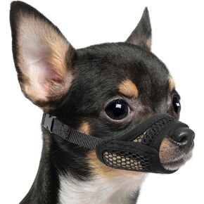 Mayerzon Mesh Muzzle for Short Snout and Small Medium Dogs Anti-Biting, Focus on Brachycephalic Dogs like Chihuahua Pomeranian, Breathable Fabric, Opening Front, Allow Panting, for Grooming Vet Visits