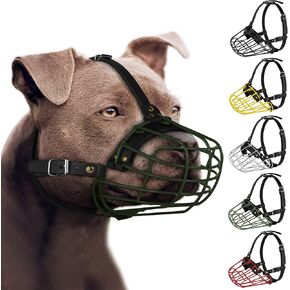 Pitbull Dog Muzzle Metal Mask Amstaff Secure Wire Basket Adjustable Durable Leather Straps for Large Dogs (Large, Black)