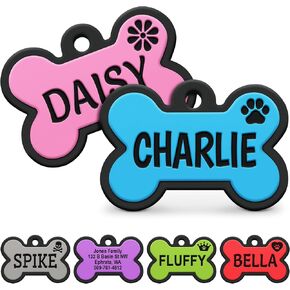 GoTags Silent Silicone Dog Tags, Personalized Soundless Pet Tag Engraved with Unique Custom Designs, for Dogs and Cats Small Medium and Large 6 Bright Colors (Bone)