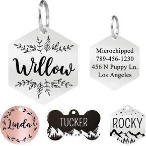 Ultra Joys Stainless Steel Pet ID Tag Dog Name Tags Personalized Front and Back Engraving, Customized Dog Tags and Cat Tag, Optional Engraved on Both Sides, Bone Tag with Mountain Design, Large