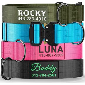 Personalized Tactical Dog Collar for Large Dogs, Heavy Duty Military Collar with Name, Made of Thick Nylon and Strong Metal Buckle for Maximum Durability, Available in Pink, Blue, Black, and Green