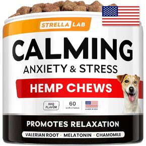 STRELLALAB Advanced Calming Chews for Dogs - Hemp Chews + Melatonin - Anxiety Relief - Sleep Aid - Relaxing Treats - Stress Relief During Fireworks, Storms, Thunder, Barking - Made in USA - BBQ - 60Ct