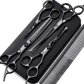 Gimars Titanium Coated Professional 6 in 1 4CR Stainless Steel Dog Grooming Scissors with Safety Round Tip, Heavy Duty Pet Grooming Scissor for Dogs, Cats and Other Animals