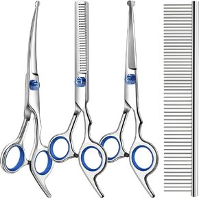 Professional 4 in 1 Dog Grooming Scissors Kit with Safety Round Tips,Sharp & Durable,Dog Shears for Grooming - Includes Straight, Curved, Thinning Scissors and Comb - Premium Pet Supplies