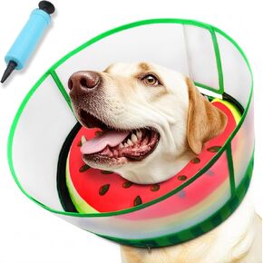 Inflatable Dog Cone Collar with Transparent Anti-Licking Shield, Soft Adjustable Elizabethan Collar for Medium Large Dogs, 2-in-1 Design with Detachable Shield and Comfortable Padding (L, Watermelon)