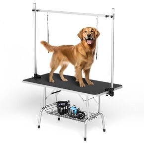Polar Aurora 46'' Pet Dog Grooming Table,Adjustable Height Heavy Duty Professional Stainless Steel Grooming Table for Dogs at Home for Medium Large Dogs w/H-Shape Arm,2 Nooses,Mesh Tray