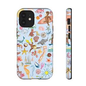 Curious Monkey George Whimsical Summer Beach Phone Case Cover for 7 to 16 Pro Max, Personalized Name Case - Cute Curious Monkey Collection Playful George