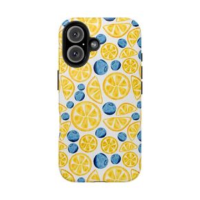 Fresh Lemon & Blueberry Phone Case for iPhone 16 15 14 13 12 11 Pro Max XR Xs, Custom Name Phone Case, Shockproof Heavy Duty Protective Cover, Summer Fruit Tough Case