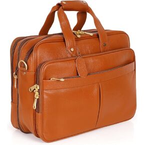 Full Grain Leather Briefcase for Men Top Choice Gifts Laptop Bag Multiple 16'' Compartments Brass Hardware