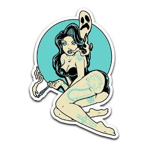 4" Rockabilly Pinup Girl Horror Burlesque Goth Dancer in Swimsuit Under Creepy Ghost Blue Moon Waterproof Laminated Sticker Car Decal Laptop
