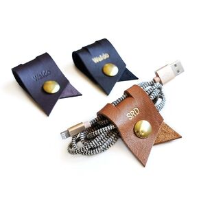 KEYAIIRA - Large Personalized Leather Cable Holder with Gold Snap Closure - laptop charging cord keeper customized wire management organizer monogram gift ideas tech and travel accessories