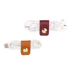 KEYAIIRA - Small Personalized Leather Ear Bud Cord Holder with Gold Snap Closure - earphone wrap charging cable keeper customized wire organizer monogram gift ideas tech and travel accessories