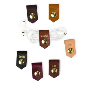 KEYAIIRA - Small Personalized Leather Ear Bud Cord Holder with Gold Snap Closure - earphone wrap charging cable keeper customized wire organizer monogram gift ideas tech and travel accessories