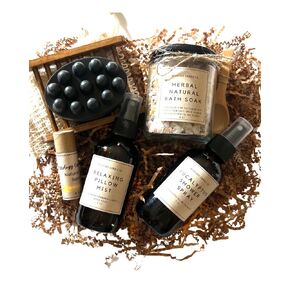 Spa Set, Natural Self-Care Essentials, Relaxing Gift Sets for Her,Gifts for Women, herbal natural bath soak, natural lip balm,relaxing pillow mist, Eucalyptus shower spray, Charcoal Soap Bar