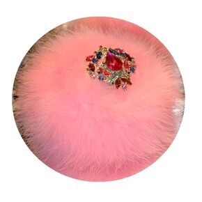 White Faux Fur Bath Dusting Powder Puff Trimmed in Hot Pink Marabou ~ Multi Color Rhinestone Embellished Handle