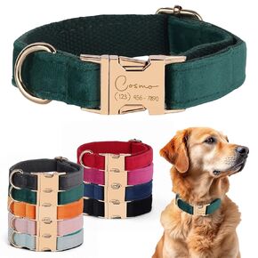 Custom Name Dog Collar, Engraved Personalized Dog Collar with Name on it and Phone Number, Quick Release Gold Metal Buckle, Poop Bag, Harness, Leash Available, Red, Black, Emerald, Pink, Luxury Soft Comfy Velvet Collar (Small)