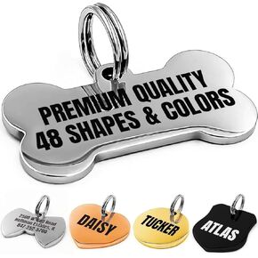 Dog and Cat ID Tags Engraved for Pets Personalized Engraved and Personalized Stainless Steel ID Tags Custom Text Engraved on Both Sides (48 Types of Tags)