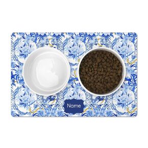 Custom Pet Feeding Mat, Chinoiserie Jungle Print, 12" x 18", Personalized Dog Placemat, Blue, White, Gold, Machine Washable