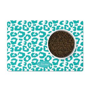 Personalized Pet Bowl Mat, Leopard, Chic Blue & White, Custom Name Pet Feeding Mat, Dog or Cat Placemat, Mat for Food and Water Bowl, 12" x 18"