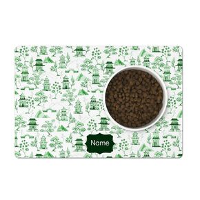 Personalized Pet Bowl Placemat, Custom Dog & Cat Food Feeding Mat - Chinoiserie Toile - 12" x 18", Green and White