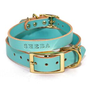 Handmade Personalized Bridle Leather Dog Collar, Engraved Pet Name, Brass/Gold Tone Hardware (Distressed Brown)
