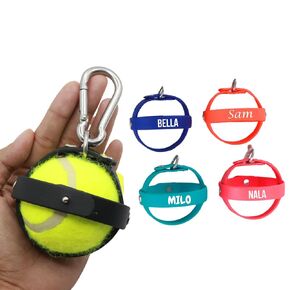 Custom Name Dog Ball Holder with Carabiner Clip Tennis Ball Design Multiple Colors Biothane Vegan Leather to Play Outside Interactive Toy Active Dogs Christmas Gift for Pets 2.5inches