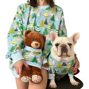 Handmade Pet and Owner Christmas Family Matching Sweaters Sweatshirt,Pine Tree Parade Light Blue PJ Sleep Shirt Pants, Dog Cat Kid Matching Shirt
