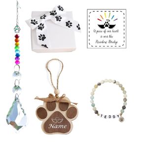 Pet Sympathy Gift Box Large Keepsake Box Dog Loss Gift Condolence Gift for Friend Memorial Suncatcher Sympathy Card Dog Name Bracelet Christmas Ornament In Memory (Sympathy Paw Print Box)