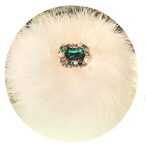 Body Dusting Powder Puff ~ Ivory Faux Fur Puff Trimmed in Down Feathers ~ Pearl Emerald Rhinestone Embellished Handle