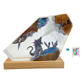 LED Color Changing Godzilla Night Light, Hexagonal Crystal Godzilla Resin Night Light with Wooden Base. (S)