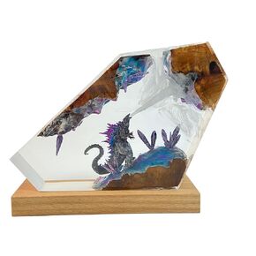 Handmade Godzilla LED Night Light, Crystal Resin Design with Wood Base, Color-Changing, 1.57x6.3x4.2 inches, USB Powered (S)