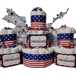 Firecracker 4th of July Diaper Cake 3 piece set - 3 Tier - Baby Shower Gift - Red White and Blue Stars and Stripes