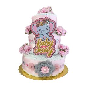 Elephant Baby Girl Pink and Gray Baby Shower Diaper Cake Keepsake Gift for Expectant Parents, Elephant Pink Baby Girl Sprinkle Centerpiece Table Top Decoration, Zoo Animal Diaper Cake